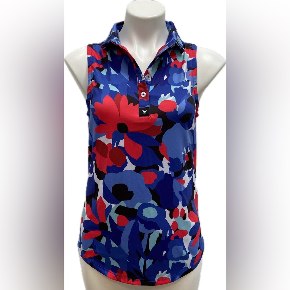 BAD BIRDIE RED BLUE FLORAL COLLAR GOLF TENNIS PICKLEBALL ACTIVE SPORT TANK TOP